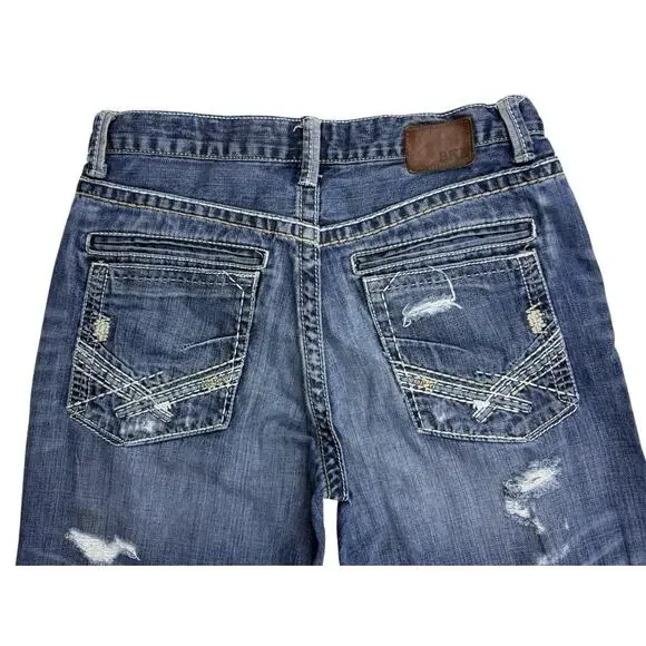 BKE Tyler Denim Jeans Mens 31 X 30 Blue Med Wash Whiskered Bootcut Ripped - Picture 7 of 14
